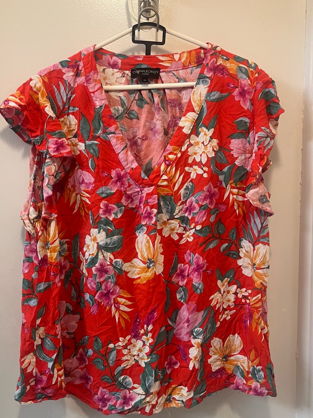 Cynthia Rowley Vibrant Red Floral V-Neck Blouse